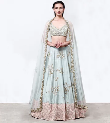 Astha Narang Sky Blue Raw Silk Lehenga with Pink Border - The Grand Trunk