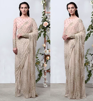 Astha Narang Cream Saree with Pink Blouse - The Grand Trunk