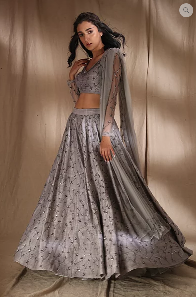 Astha Narang Grey Silver Raw Silk Lehenga - The Grand Trunk