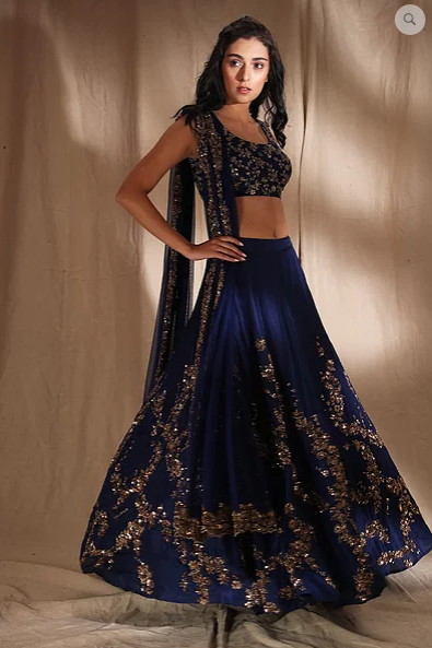 Astha Narang Dark Blue and Gold Lehenga - The Grand Trunk