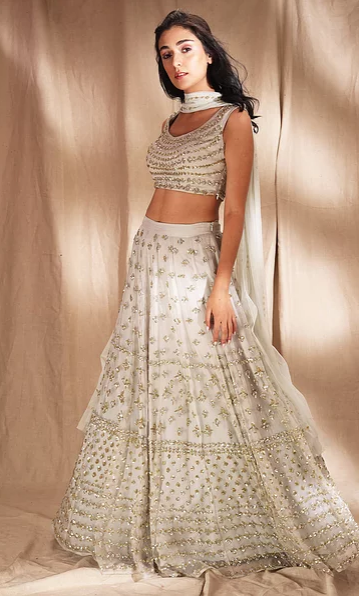 Astha Narang White Gold Lehenga - The Grand Trunk