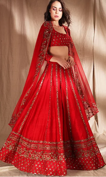 Astha Narang Red Zari Raw Silk Lehenga - The Grand Trunk