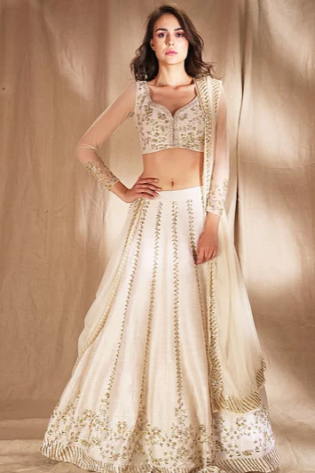 Astha Narang White and gold zari sequin Lehenga - The Grand Trunk