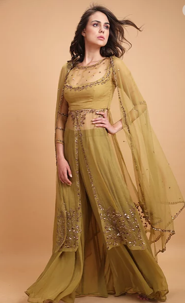 Astha Narang Leaf Green Organza Jacket - The Grand Trunk