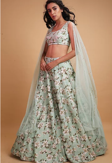 Astha Narang Green Printed Raw Silk Lehenga - The Grand Trunk