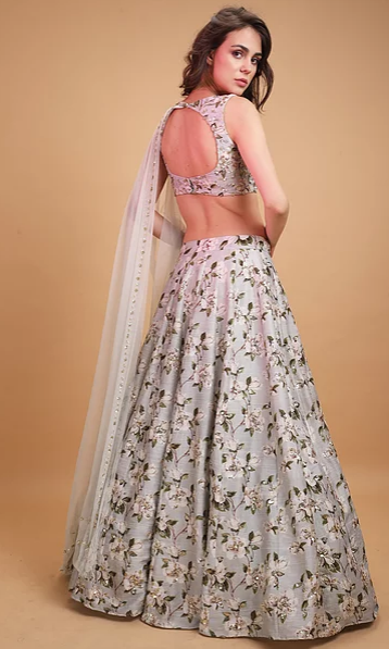 Astha Narang Powder Blue Raw Silk Printed Lehenga - The Grand Trunk