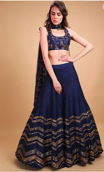 Astha Narang Dark Blue Geometrical Zari Lehenga - The Grand Trunk