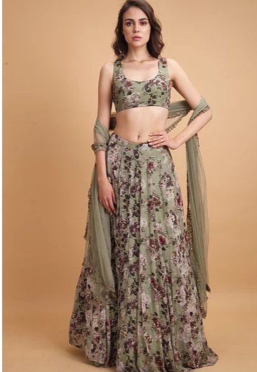 Astha Narang Olive Green Floral Printed Lehenga - The Grand Trunk