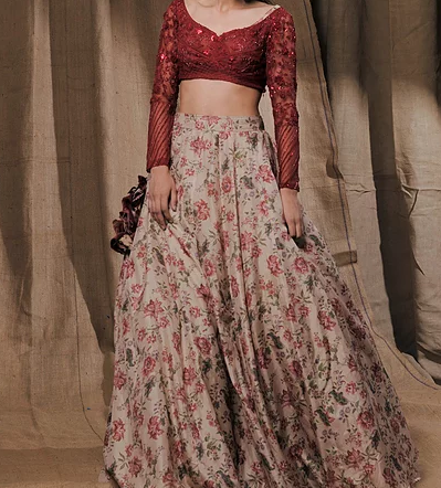 Astha Narang Beige Floral Printed Lehenga set - The Grand Trunk