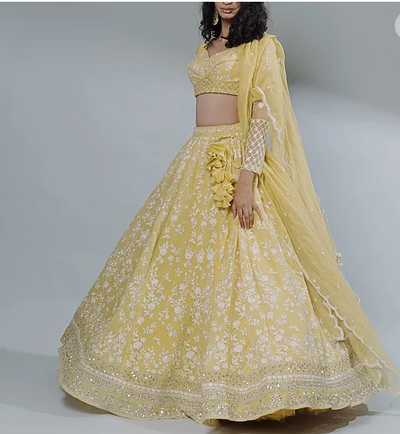 Astha Narang Lemon Yellow Thread Work Lehenga Set - The Grand Trunk