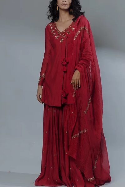 Astha Narang Red Embroidered Angrakha Set - The Grand Trunk