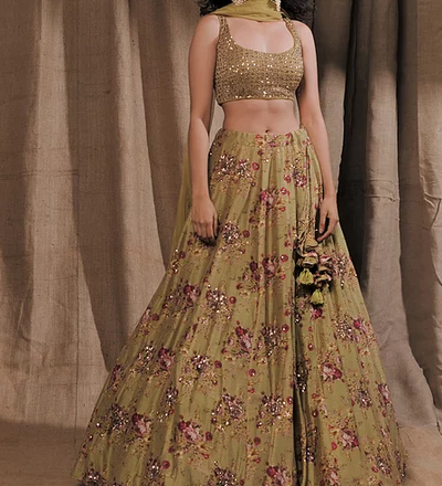 Astha Narang Leaf Green Floral Printed Lehenga Set - The Grand Trunk