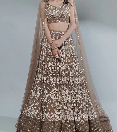 Astha Narang Coffee Thread Work Lehenga Set - The Grand Trunk