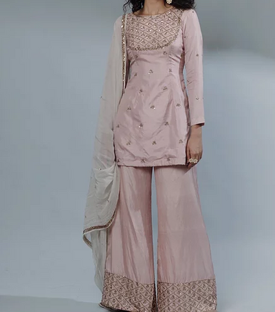 Astha Narang Pink Chanderi Straight Suit Set - The Grand Trunk