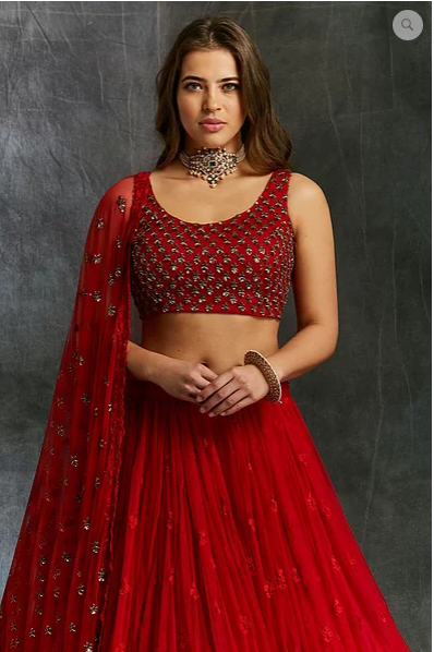 Astha Narang Red Threadwork Lehenga - The Grand Trunk