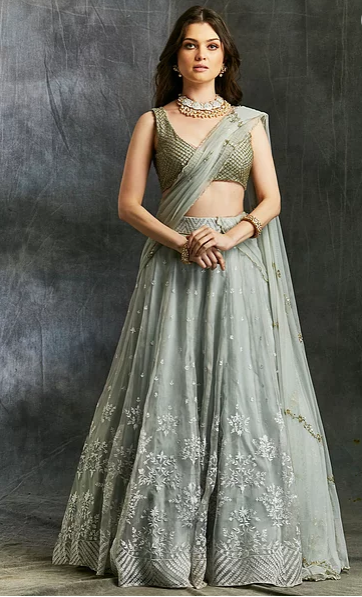 Astha Narang Sky Blue Organza Lehenga - The Grand Trunk