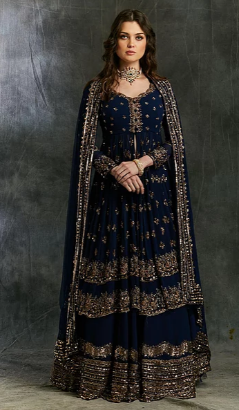 Astha Narang Dark Blue Gold Jacket with Skirt - The Grand Trunk