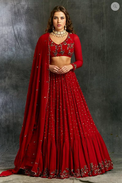 Astha Narang Red and Gold Georgette Booti Lehenga - The Grand Trunk