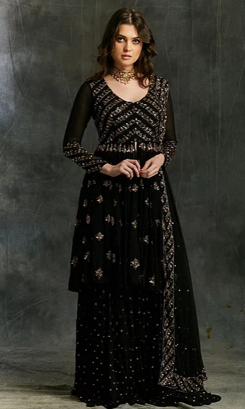 Astha Narang Black and Gold Georgette Sharara - The Grand Trunk