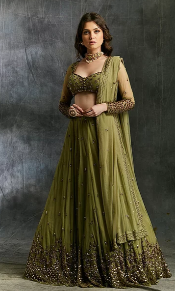 Astha Narang Olive Green Lehenga with Dupatta and Belt - The Grand Trunk