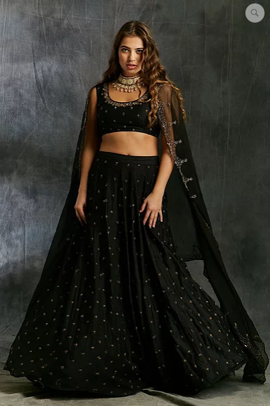 Astha Narang Black Silk Lehenga with Antique Work - The Grand Trunk