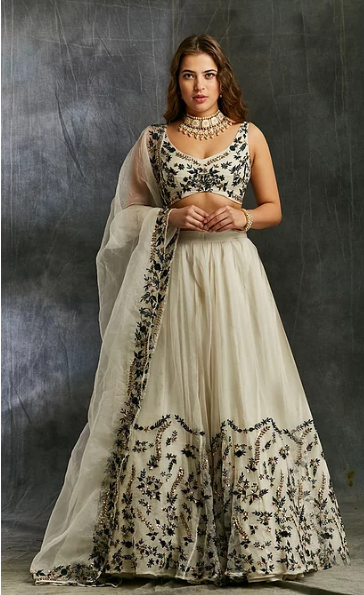 Astha Narang White Organza with Green and Black Threadwork Lehenga - The Grand Trunk