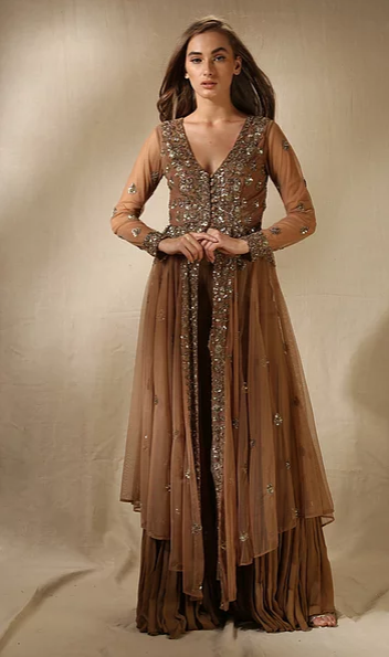 Astha Narang Copper and Gold Sequin Layered Sharara - The Grand Trunk