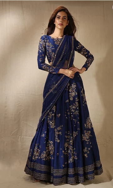 Astha Narang Navy Zari and Sequins Floral Motif Lehenga - The Grand Trunk