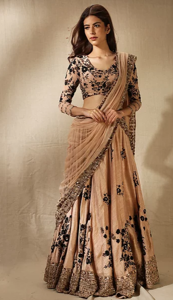 Astha Narang Peach and Black Floral Lehenga - The Grand Trunk