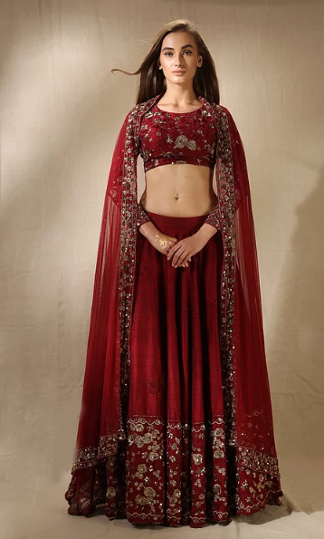 Astha Narang Maroon and Gold Threadwork and Sequins Lehenga - The Grand Trunk