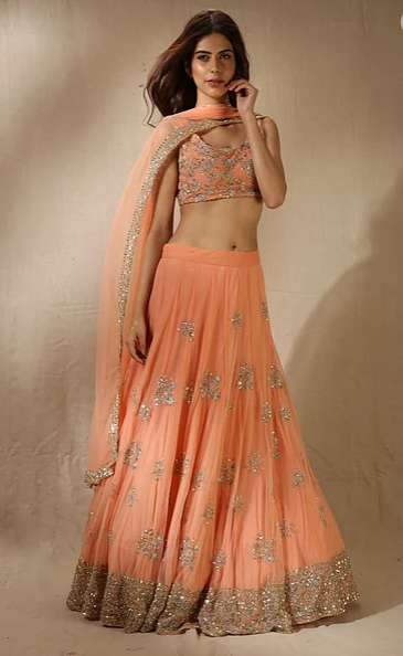 Astha Narang Coral Sequins Floral Work Lehenga - The Grand Trunk