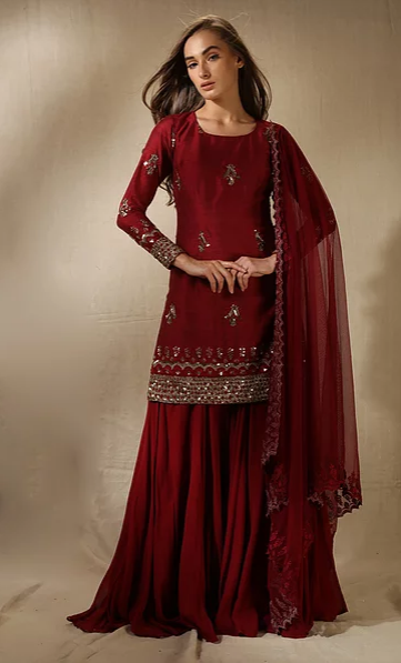 Astha Narang Maroon and Gold Embroidered Kurta and Sharara - The Grand Trunk