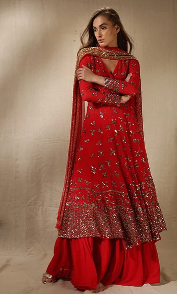 Astha Narang Red Angarkha Anarkali with Flared Pants - The Grand Trunk