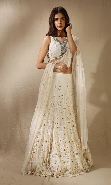 Astha Narang White Sequins Floral Work Lehenga - The Grand Trunk