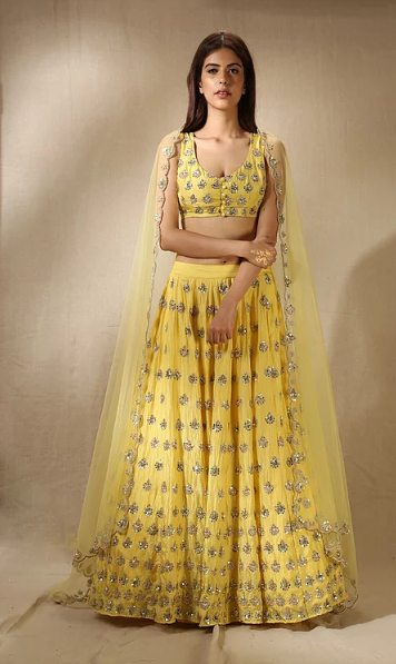 Astha Narang Yellow Sequins and Nakshi Work Lehenga - The Grand Trunk