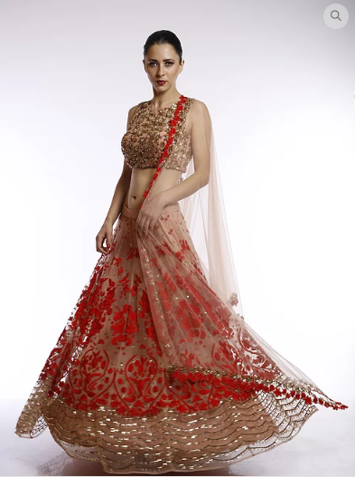 Astha Narang Peach and red floral thread and squins embroidered lehenga - The Grand Trunk