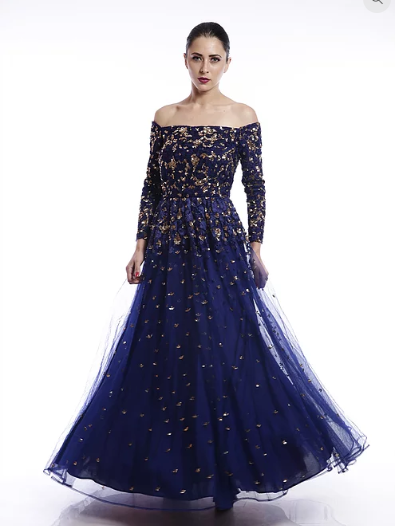 Astha Narang Blue off shoulder sequins embroidered Gown - The Grand Trunk