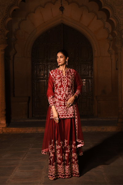 Renu Tandon - Surkh Hand Embroidered Sharara Suit - The Grand Trunk