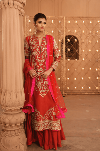 Renu Tandon - Surkh Zari Straight Suit - The Grand Trunk