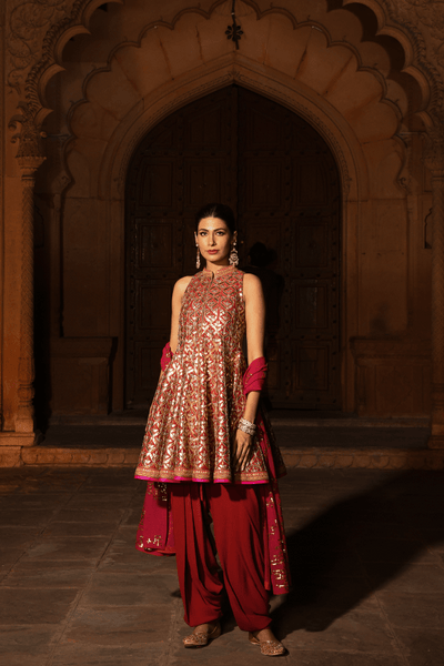 Renu Tandon - Gold Foil Surkh Sharara Set - The Grand Trunk