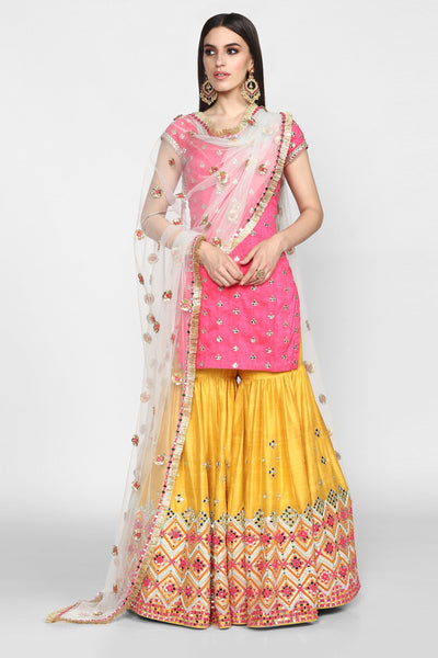 Abhinav Mishra  Pink And Yellow Sharara Set - The Grand Trunk