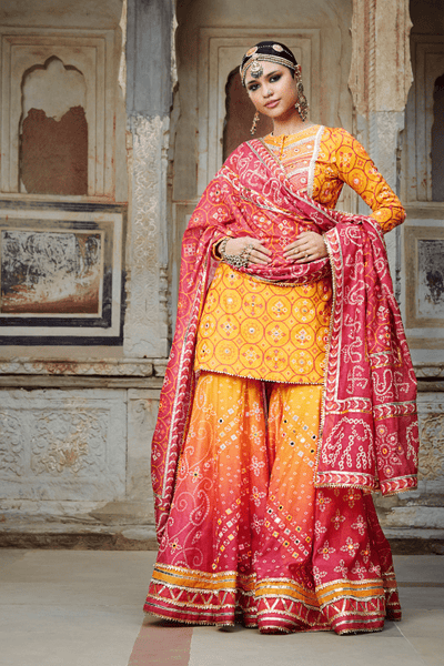 Mayyur Girotra- yellow and pink omrey kurta gharara set - The Grand Trunk