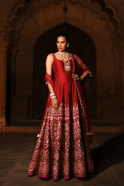 Renu Tandon -Surkh sleeveless anarkali suit - The Grand Trunk