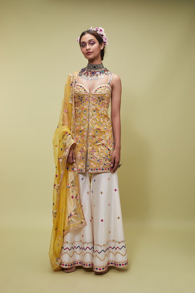 MUSTARD KURTA WITH IVORY GHARARA - The Grand Trunk