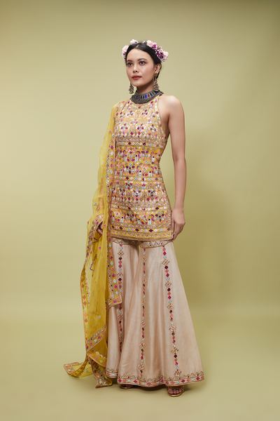 MUSTARD KURTA WITH BEIGE GHARARA - The Grand Trunk